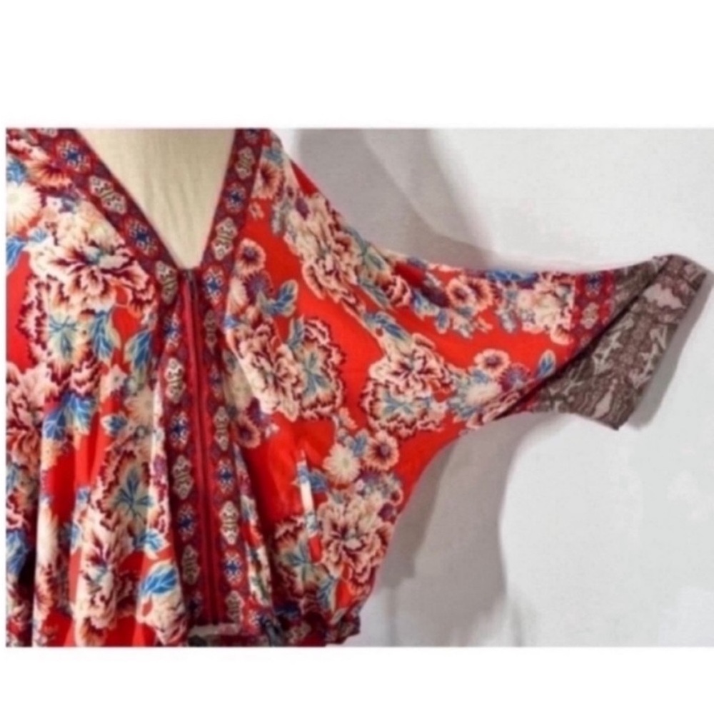 Free People Floral V-Neck Blouse - Red and Blue - Picture 2 of 7